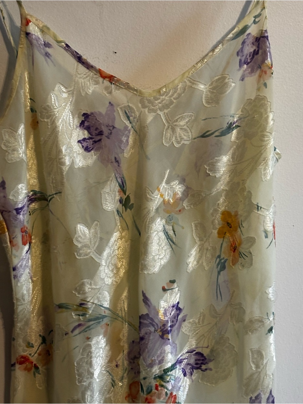 Vintage Yellow Floral Satin Slip - Delicate Purple & Orange Blooms - Picture 2 of 4